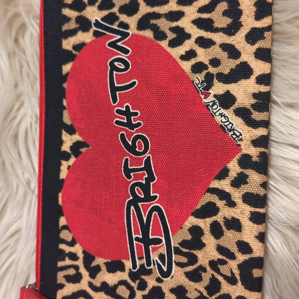 Brighton 2020 Red Heart Leopard  Print Canvas Clutch Pouch Cosmetic Zip Top Bag - Picture 4 of 5